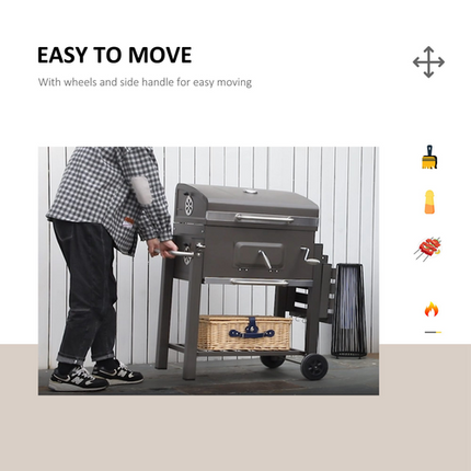 Outsunny Charcoal BBQ Grill Trolley with Shelf, Side Thermometer - Black Steel