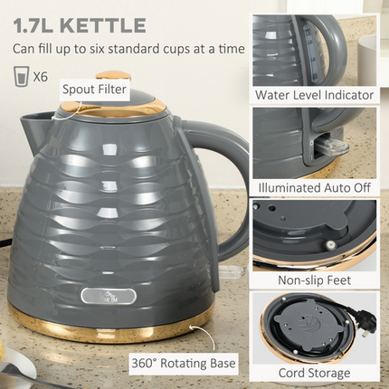 HOMCOM 1.7L Rapid Boil Kettle & 4-Slice Toaster Set – Grey
