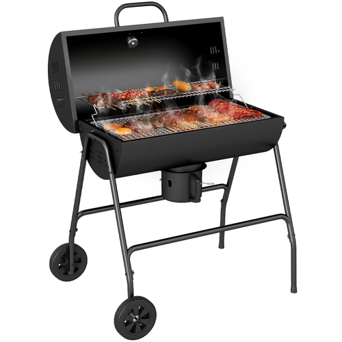 Outsunny Barrel Charcoal BBQ Grill Trolley with Ash Catcher and Thermometer
