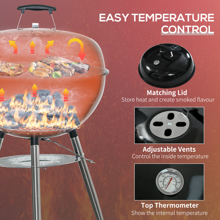 Outsunny Portable Kettle Charcoal BBQ Grill Smoker with Lid, Cover and Thermometer
