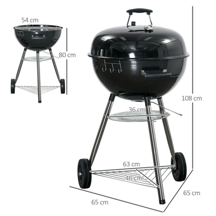 Outsunny Portable Kettle Charcoal BBQ Grill Smoker with Lid, Cover and Thermometer