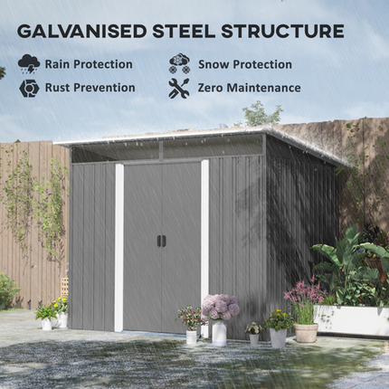 Grey Metal Garden Shed with Double Sliding Doors – Outdoor Tool Organizer for Backyard