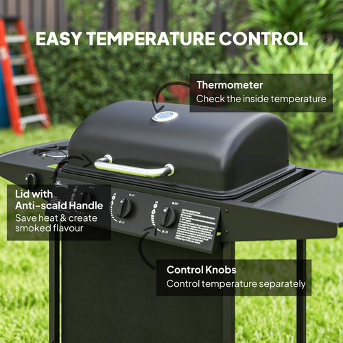 Outsunny 4 Burner Gas BBQ Grill with Lid - Portable Outdoor Grill - Black