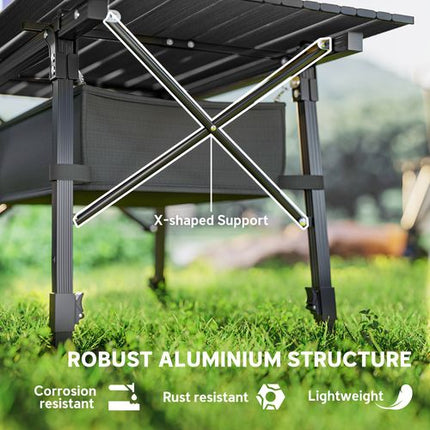 Outsunny Adjustable Height Folding Camping Table with Storage Basket – Black