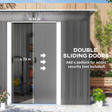 Grey Metal Garden Shed with Double Sliding Doors – Outdoor Tool Organizer for Backyard