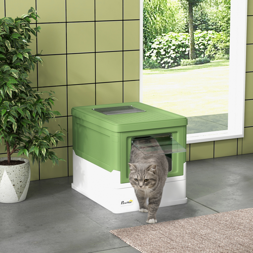 Hooded Cat Litter Box – Light Green Pet Toilet Tray with Lid