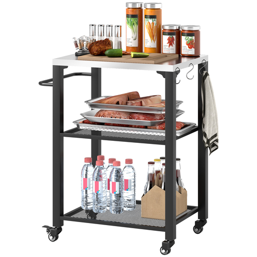 Outsunny 3-Shelf Outdoor Grill Cart Kitchen Trolley with Stainless Steel Top