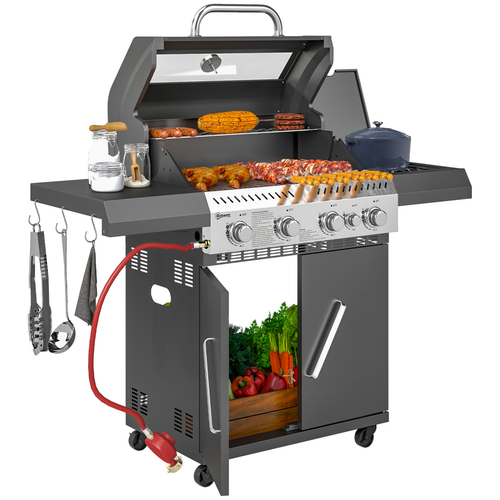 Outsunny 4+1 Burner Gas BBQ Grill with Clear View Lid and Thermometer - Black