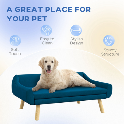 PawHut Raised Dog Sofa Bed – Wooden Frame with Soft Cushion – Blue