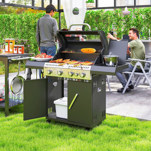 Outsunny 4+1 Burner Gas BBQ Grill with Clear View Lid and Thermometer - Black