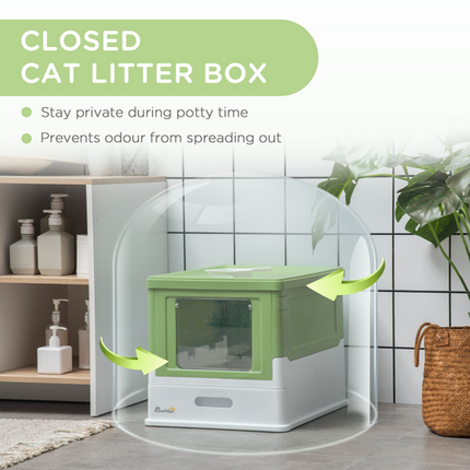 Hooded Cat Litter Box – Light Green Pet Toilet Tray with Lid