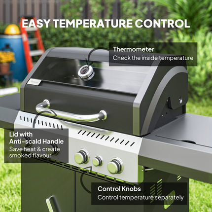 Outsunny 4+1 Burner Gas BBQ Grill with Clear View Lid and Thermometer - Black