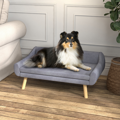 PawHut Raised Dog Sofa Bed – Wooden Frame with Soft Cushion – Grey