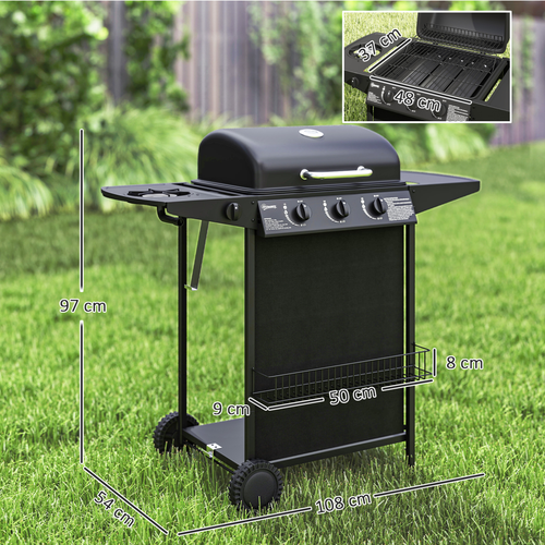 Outsunny 4 Burner Gas BBQ Grill with Lid - Portable Outdoor Grill - Black