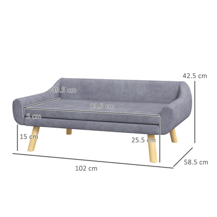 PawHut Raised Dog Sofa Bed – Wooden Frame with Soft Cushion – Grey