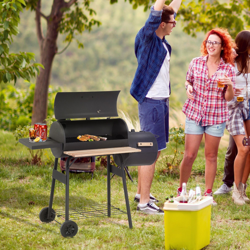 Outsunny Portable Charcoal BBQ Grill with Steel Offset Smoker Combo for Backyard