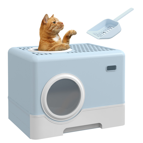 PawHut Enclosed Cat Litter Tray with Lid – Front Entry, Top Exit, Scoop – Blue