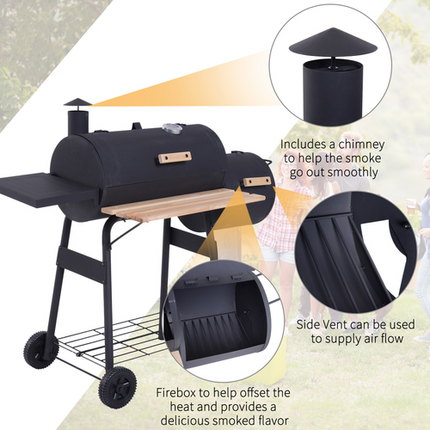 Outsunny Portable Charcoal BBQ Grill with Steel Offset Smoker Combo for Backyard