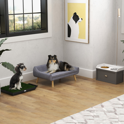 PawHut Raised Dog Sofa Bed – Wooden Frame with Soft Cushion – Grey
