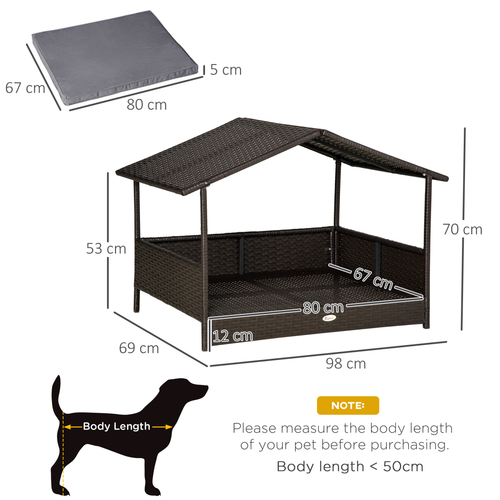 PawHut Wicker Dog House – Rattan Pet Bed with Soft Cushion – Grey