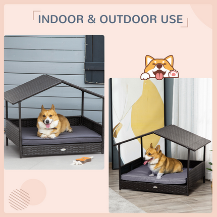 PawHut Wicker Dog House – Rattan Pet Bed with Soft Cushion – Grey