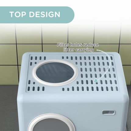 PawHut Enclosed Cat Litter Tray with Lid – Front Entry, Top Exit, Scoop – Blue