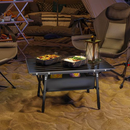 Outsunny Adjustable Height Folding Camping Table with Storage Basket – Black