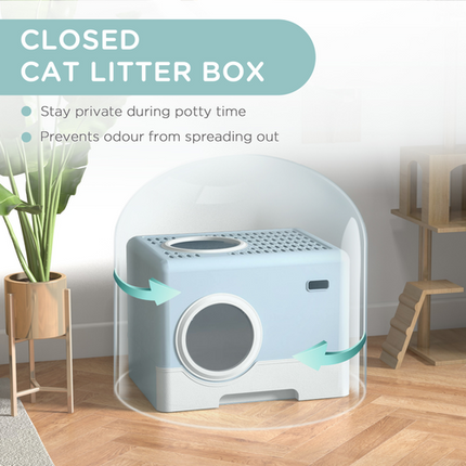 PawHut Enclosed Cat Litter Tray with Lid – Front Entry, Top Exit, Scoop – Blue