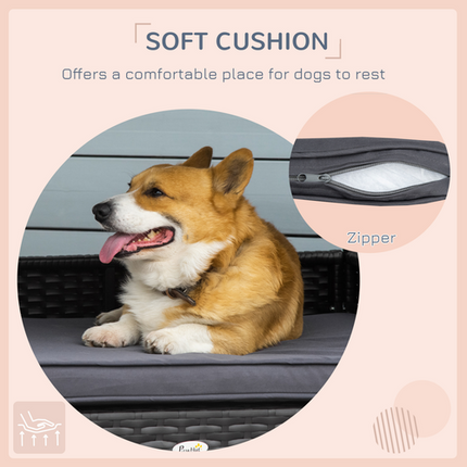PawHut Wicker Dog House – Rattan Pet Bed with Soft Cushion – Grey