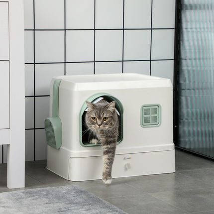 Hooded Cat Litter Box with Drawer Pan – Scoop and Deodorants Included
