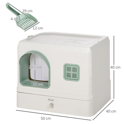Hooded Cat Litter Box with Drawer Pan – Scoop and Deodorants Included