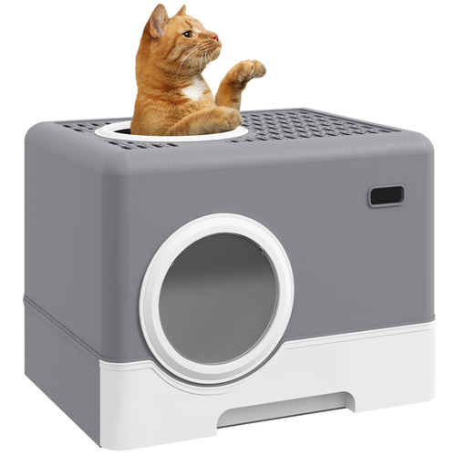 PawHut Enclosed Cat Litter Tray with Lid – Grey – Front Entry, Top Exit & Scoop