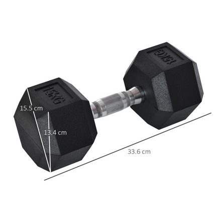 HOMCOM 15KG Single Rubber Hex Dumbbell – Portable Hand Weight for Home Gym