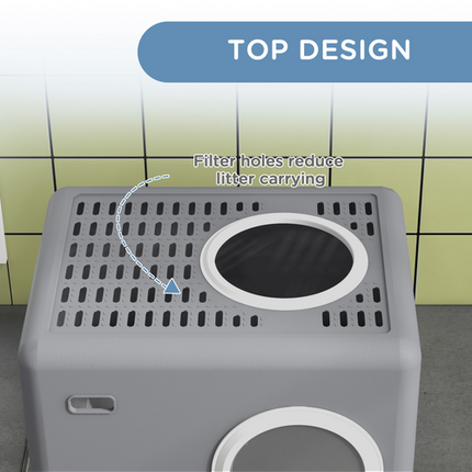 PawHut Enclosed Cat Litter Tray with Lid – Grey – Front Entry, Top Exit & Scoop