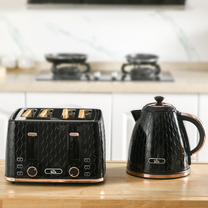 HOMCOM 1.7L Kettle and 4-Slice Toaster Set – Black – With Defrost, Reheat & Crumb Tray