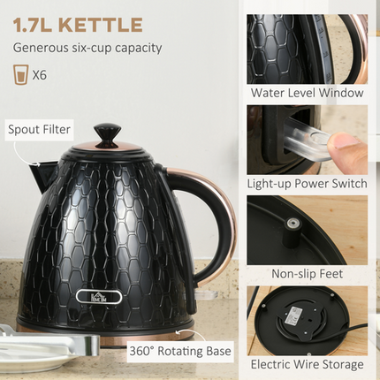 HOMCOM 1.7L Kettle and 4-Slice Toaster Set – Black – With Defrost, Reheat & Crumb Tray