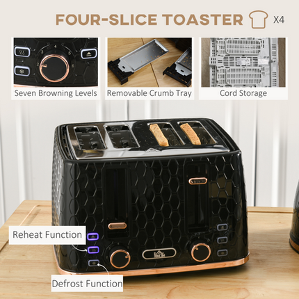 HOMCOM 1.7L Kettle and 4-Slice Toaster Set – Black – With Defrost, Reheat & Crumb Tray