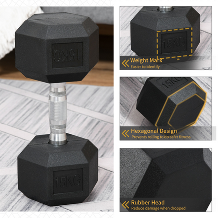 HOMCOM 15KG Single Rubber Hex Dumbbell – Portable Hand Weight for Home Gym