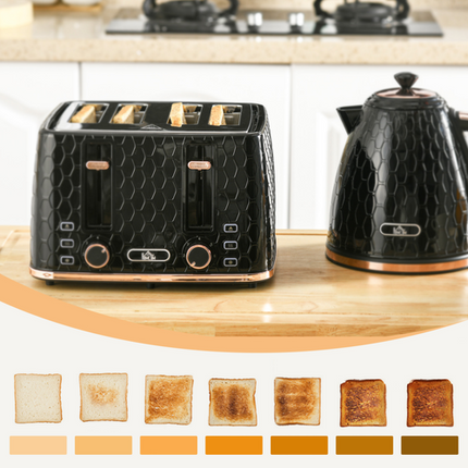 HOMCOM 1.7L Kettle and 4-Slice Toaster Set – Black – With Defrost, Reheat & Crumb Tray