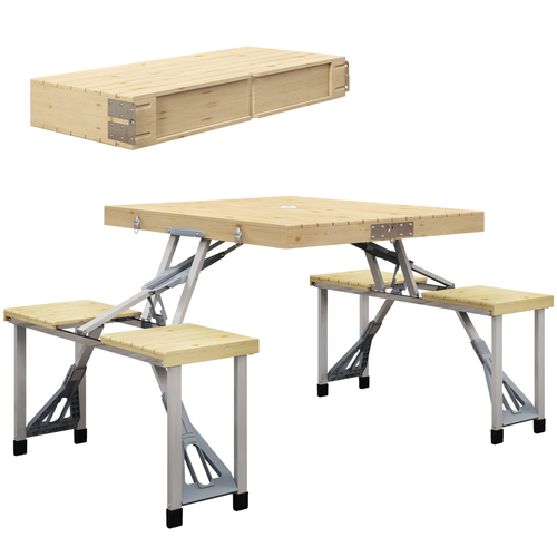 Outsunny Folding Camping Table & Chairs Set with Umbrella Hole – Aluminium Frame