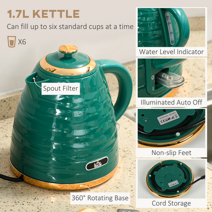 HOMCOM 1.7L Rapid Boil Kettle & 4-Slice Toaster Set – Green