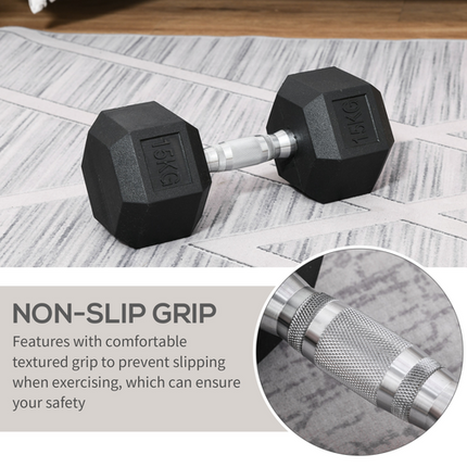 HOMCOM 15KG Single Rubber Hex Dumbbell – Portable Hand Weight for Home Gym