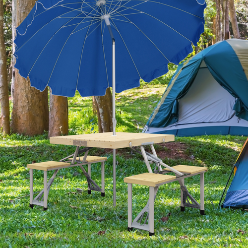 Outsunny Folding Camping Table & Chairs Set with Umbrella Hole – Aluminium Frame