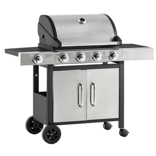 Outsunny 4+1 Burner Gas BBQ Trolley Grill - Stainless Steel 128x50x113cm