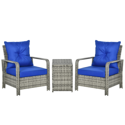 3 PCs PE Rattan Garden Sofa Set w/ 2 Chairs & Storage Table Mixed Grey