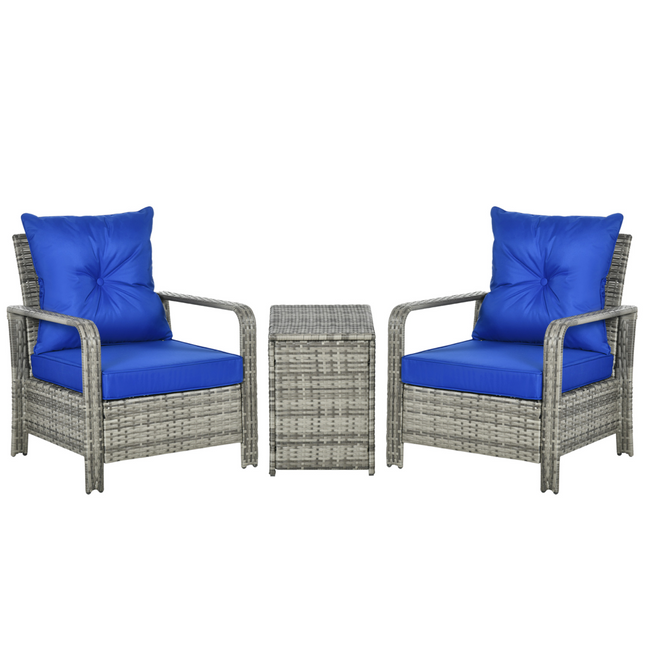 3 PCs PE Rattan Garden Sofa Set w/ 2 Chairs & Storage Table Mixed Grey