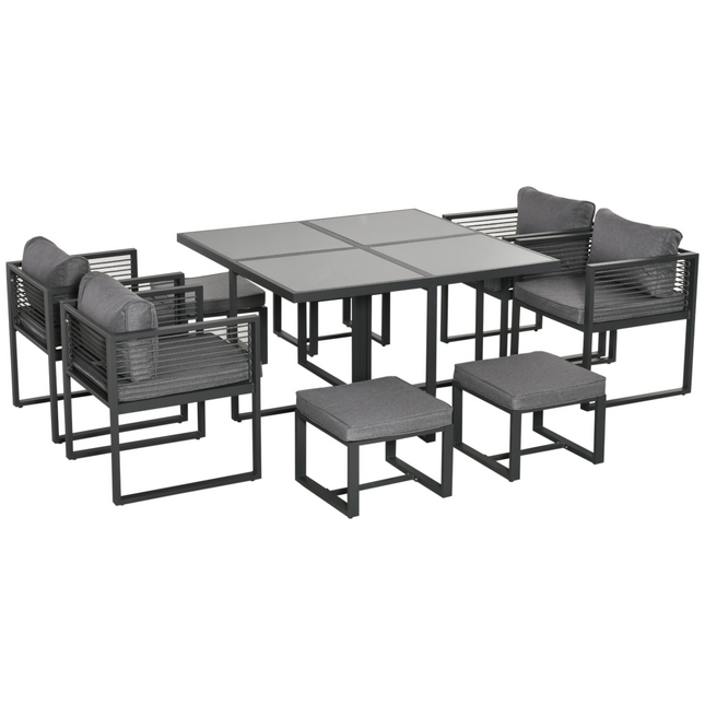 8 Seater Dining Cube Set  Dining Table, 4 Chairs & 4 Footstools & Cushion, Grey