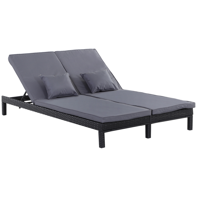 2 Seater Rattan Lounger  Adjustable  Cushions Black