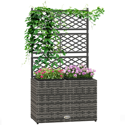 Outsunny Garden PE Rattan Planter Box with Trellis Flower Raised Bed 57x30x107cm