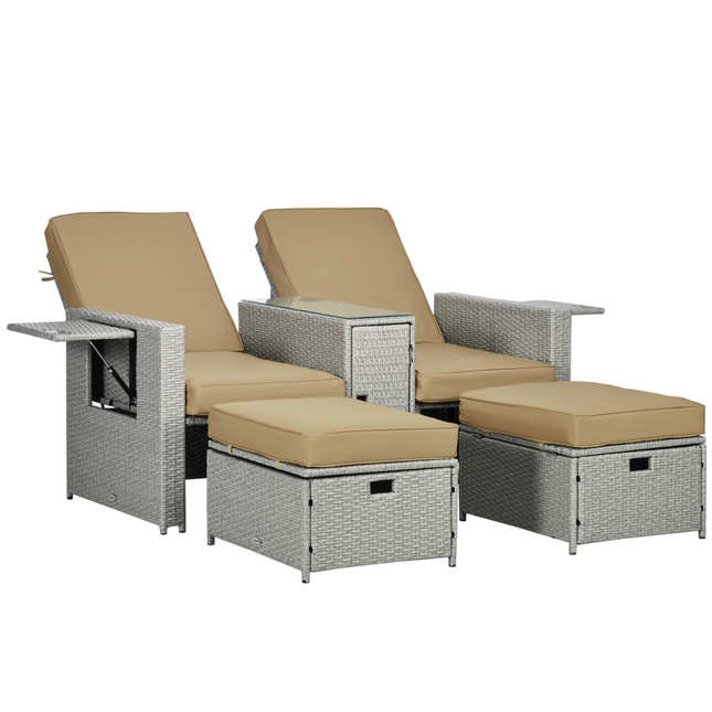 5-level Adjustable Rattan Sun Lounger w/ Storage Tea Table & Footstools, Beige